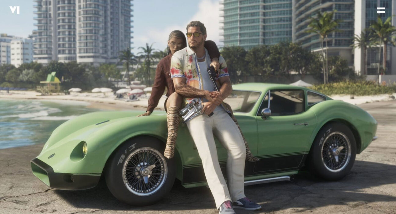Nova imagem de GTA 6 mostrando um homem e uma mulher encostados em um carro com Vice City ao fundo.
