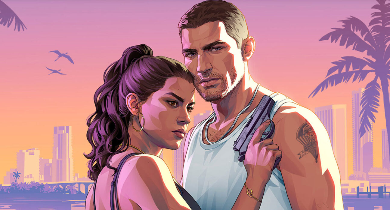 Arte oficial de Grand Theft Auto VI destacando o casal de protagonistas, Jason e Lucia, em um cenário urbano que remete ao lado ensolarado e sombrio de Vice City.