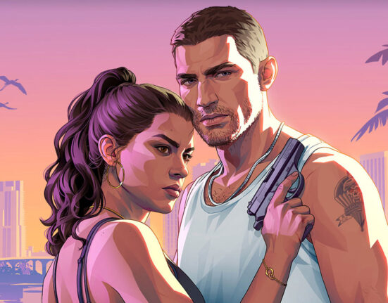 Arte oficial de Grand Theft Auto VI destacando o casal de protagonistas, Jason e Lucia, em um cenário urbano que remete ao lado ensolarado e sombrio de Vice City.