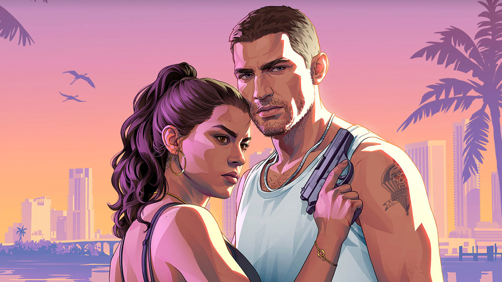 Arte oficial de Grand Theft Auto VI destacando o casal de protagonistas, Jason e Lucia, em um cenário urbano que remete ao lado ensolarado e sombrio de Vice City.