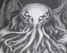 Desenho do fetiche de 'Cthulhu' de Gou Tanabe, mostrando uma cena aterradora com o icônico monstro.