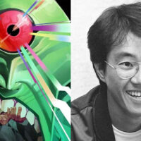 Montagem com capa de Absolute Caçador De Marte ao lada de foto PB de Akira Toriyama