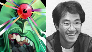 Montagem com capa de Absolute Caçador De Marte ao lada de foto PB de Akira Toriyama