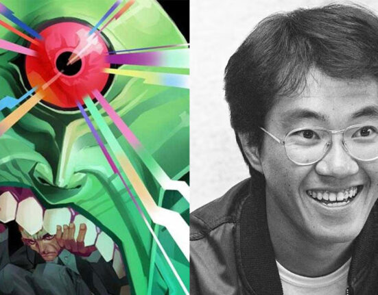 Montagem com capa de Absolute Caçador De Marte ao lada de foto PB de Akira Toriyama