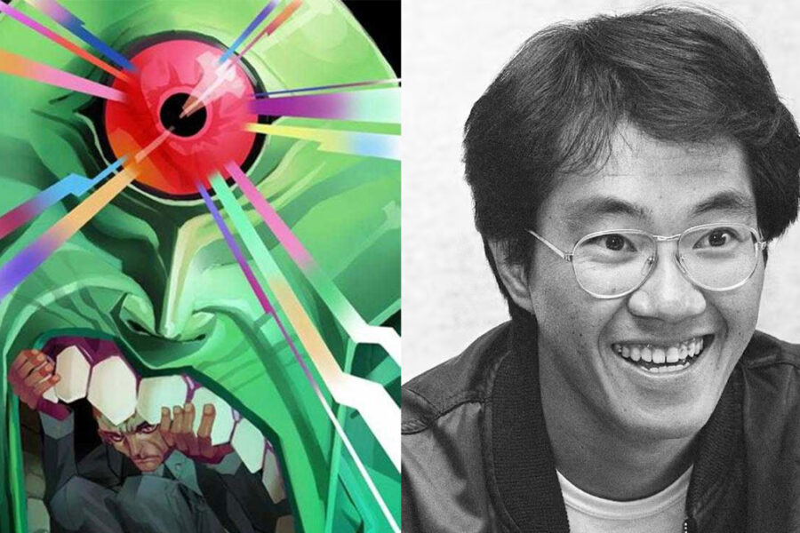 Montagem com capa de Absolute Caçador De Marte ao lada de foto PB de Akira Toriyama