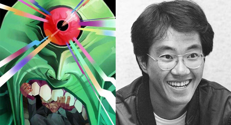 Montagem com capa de Absolute Caçador De Marte ao lada de foto PB de Akira Toriyama