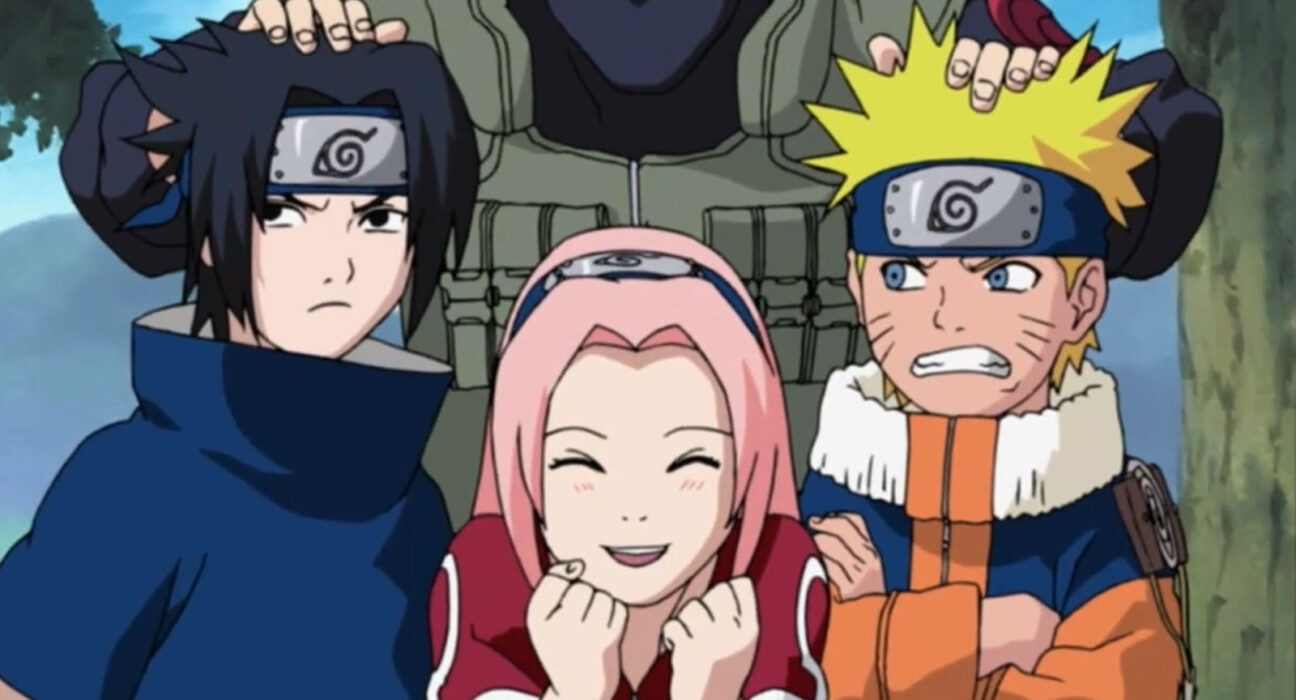 Ilustração oficial de Naruto, Sasuke e Sakura em destaque, representando os protagonistas do futuro filme.
