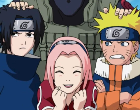 Ilustração oficial de Naruto, Sasuke e Sakura em destaque, representando os protagonistas do futuro filme.