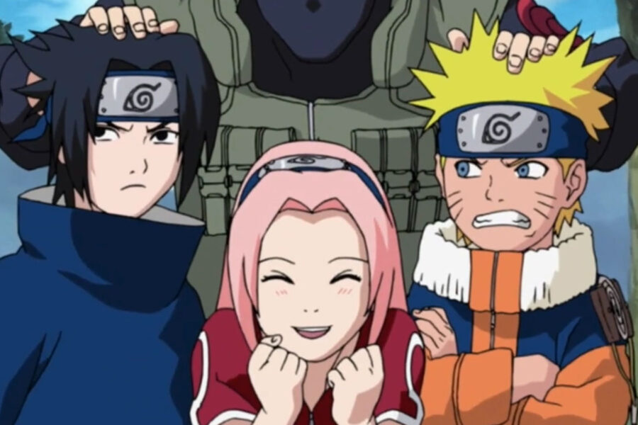Ilustração oficial de Naruto, Sasuke e Sakura em destaque, representando os protagonistas do futuro filme.