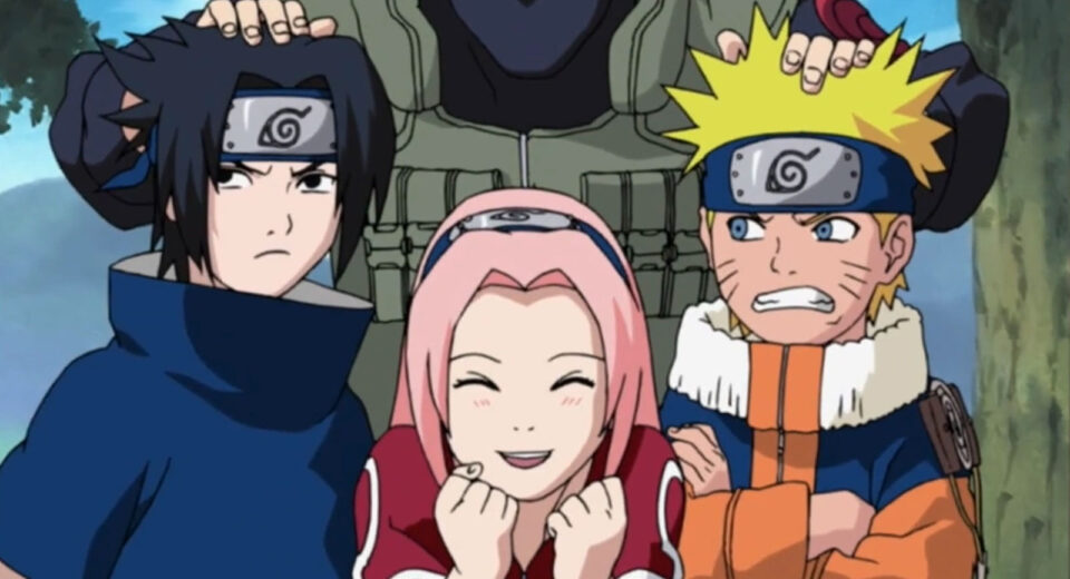 Ilustração oficial de Naruto, Sasuke e Sakura em destaque, representando os protagonistas do futuro filme.