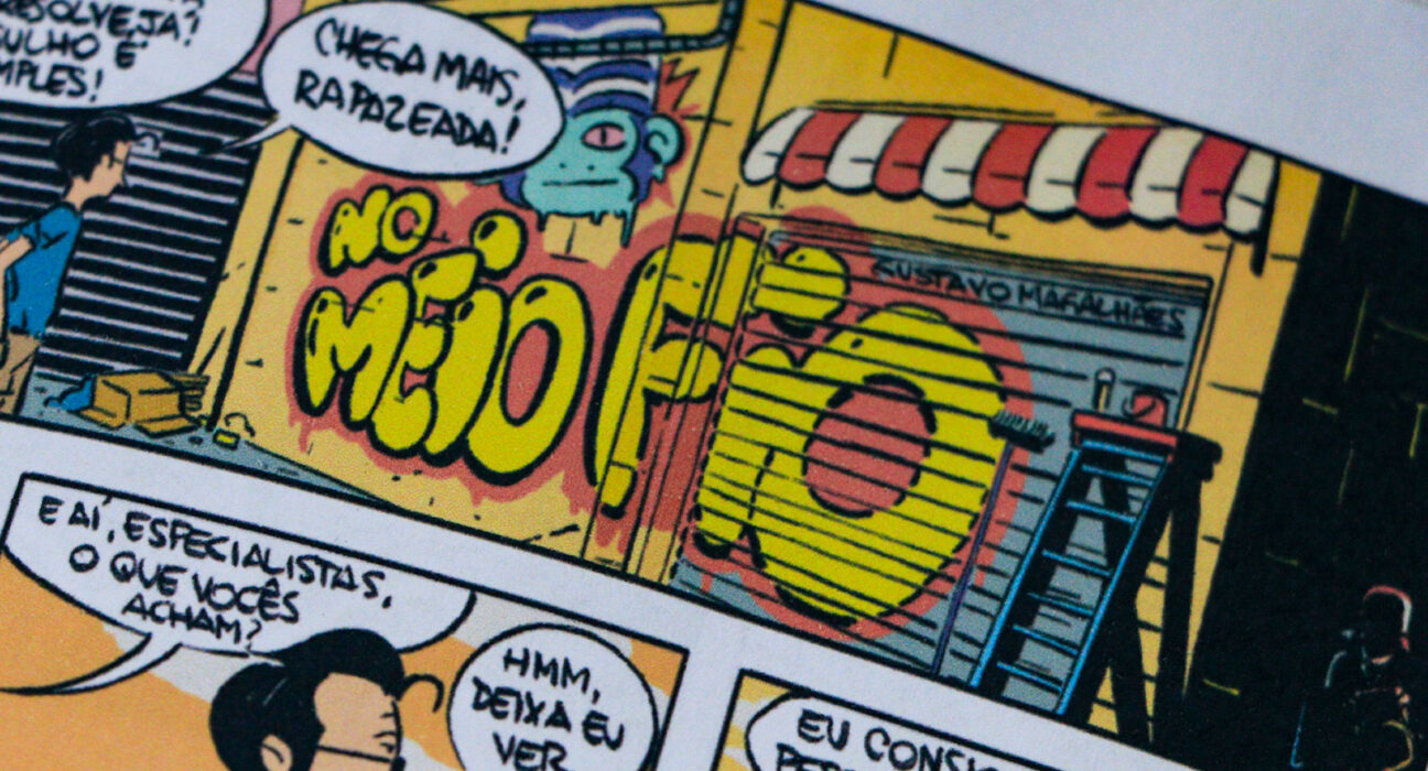 Miolo de No Meio Fio #1, coletânea de tirinhas de Gustavo Magalhães publicada pela Editora Pé de Cabra.