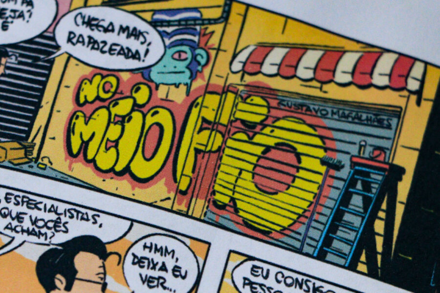 Miolo de No Meio Fio #1, coletânea de tirinhas de Gustavo Magalhães publicada pela Editora Pé de Cabra.