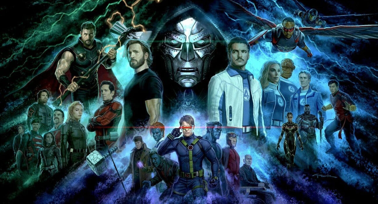 Doutor destino ao centro da imagem rodeado por heróis do MCU