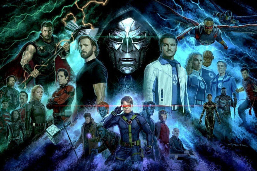 Doutor destino ao centro da imagem rodeado por heróis do MCU