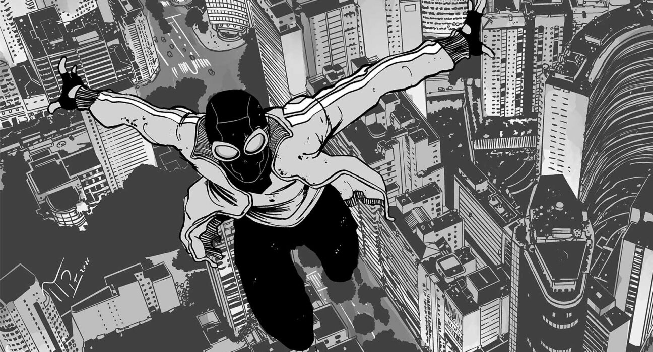 Ilustração de um homem com roupas comuns voando sobre a cidade de São Paulo; prédios icônicos como o Copan aparecem abaixo dele.