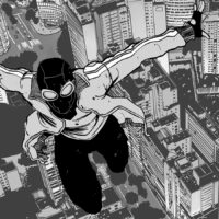 Ilustração de um homem com roupas comuns voando sobre a cidade de São Paulo; prédios icônicos como o Copan aparecem abaixo dele.