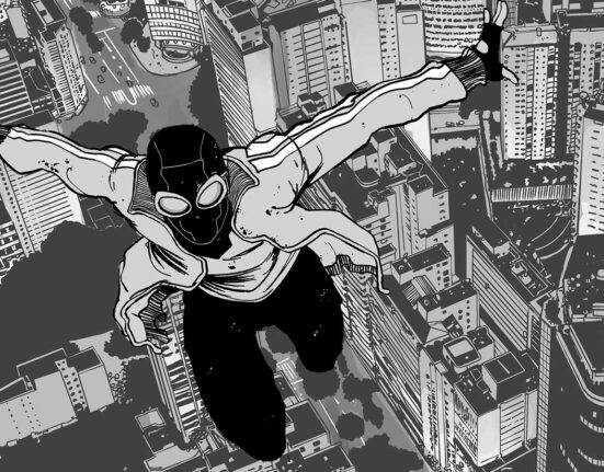 Ilustração de um homem com roupas comuns voando sobre a cidade de São Paulo; prédios icônicos como o Copan aparecem abaixo dele.