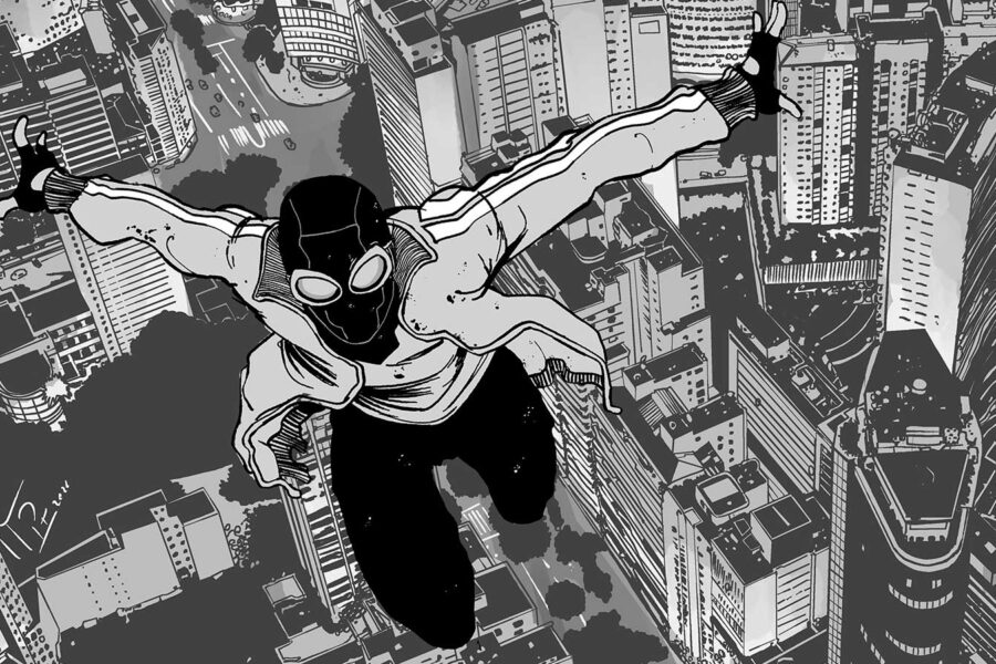 Ilustração de um homem com roupas comuns voando sobre a cidade de São Paulo; prédios icônicos como o Copan aparecem abaixo dele.