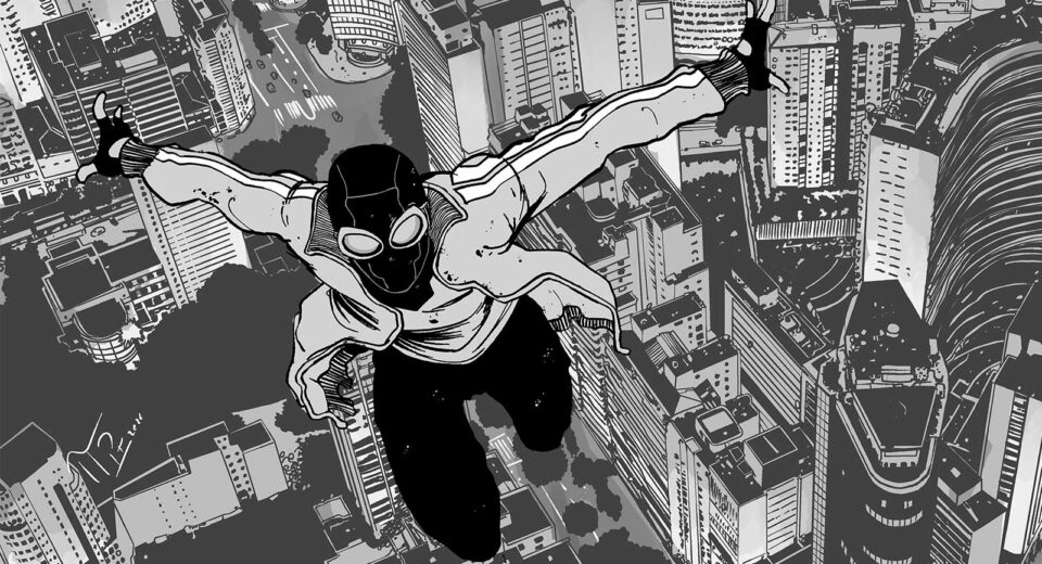 Ilustração de um homem com roupas comuns voando sobre a cidade de São Paulo; prédios icônicos como o Copan aparecem abaixo dele.