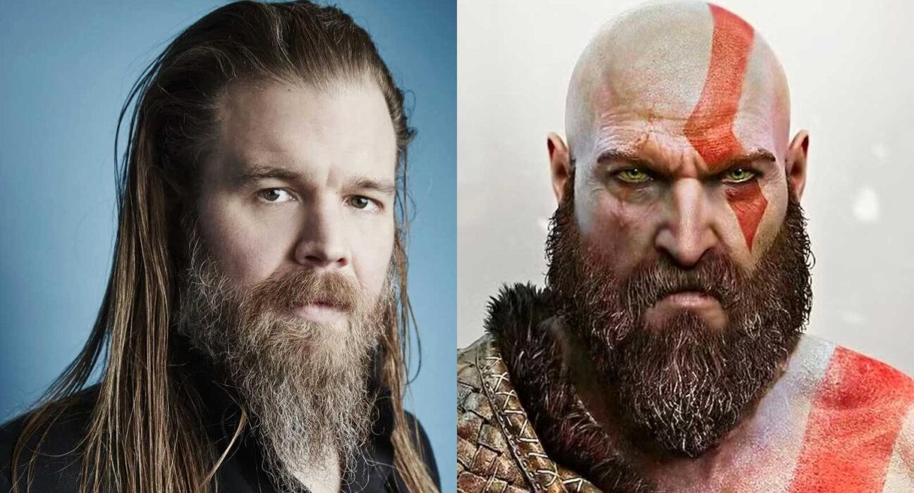 Composição com o ator Ryan Hurst ao lado de Kratos em close