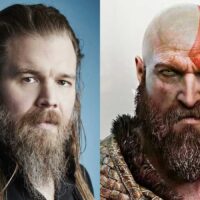 Composição com o ator Ryan Hurst ao lado de Kratos em close