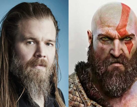 Composição com o ator Ryan Hurst ao lado de Kratos em close