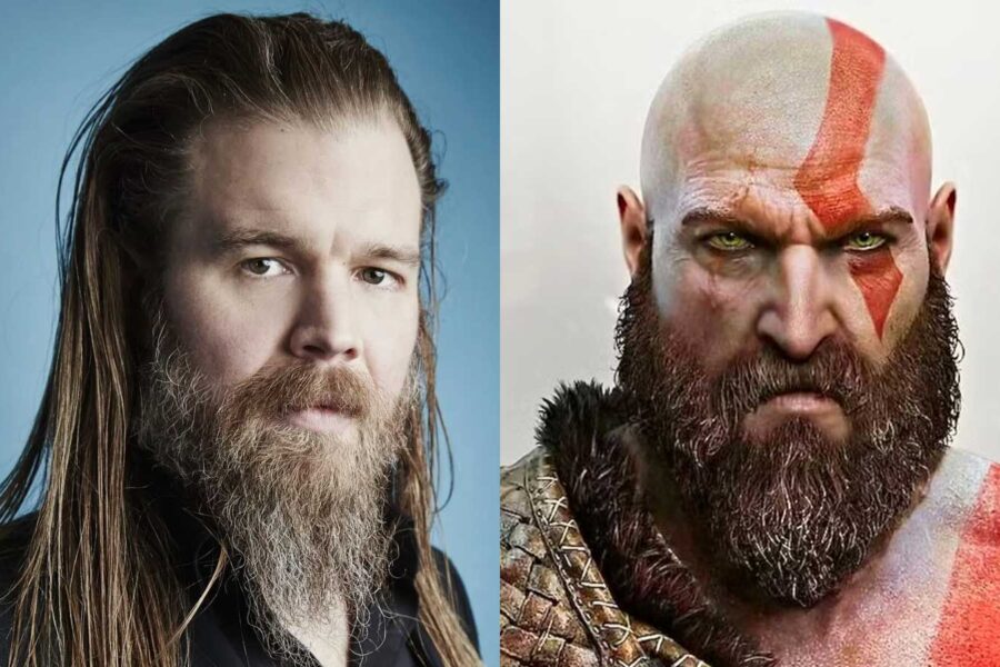 Composição com o ator Ryan Hurst ao lado de Kratos em close