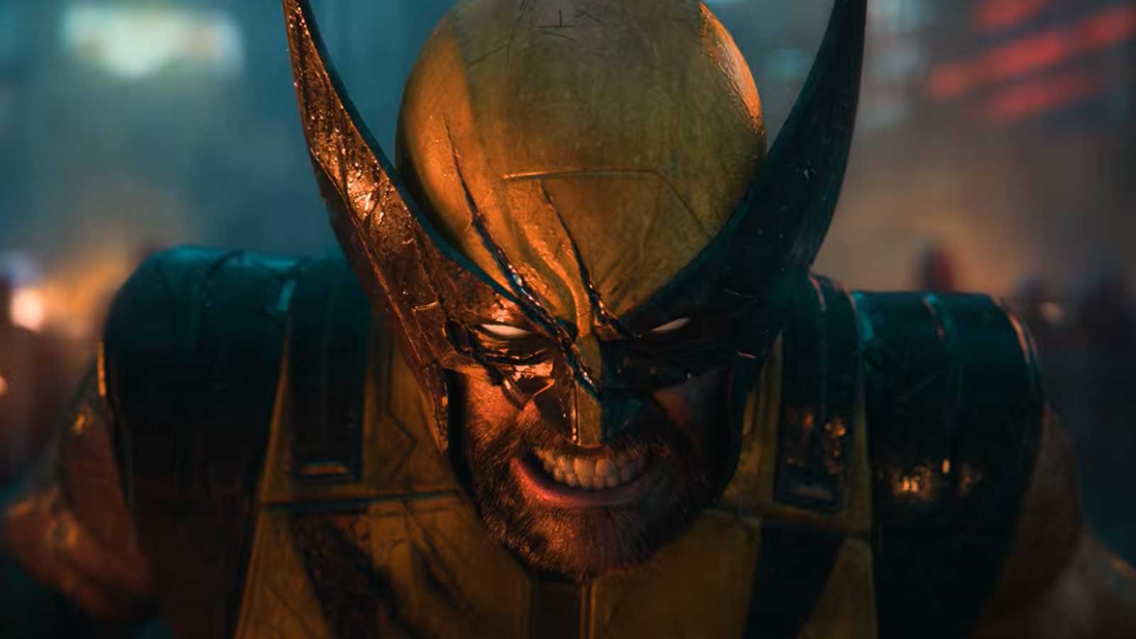 Close no rosto rústico de Wolverine em um ambiente cinemático de PS5.