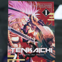 Arte do mangá Tenkaichi - A Batalha dos Deuses mostrando personagens históricos em combate.