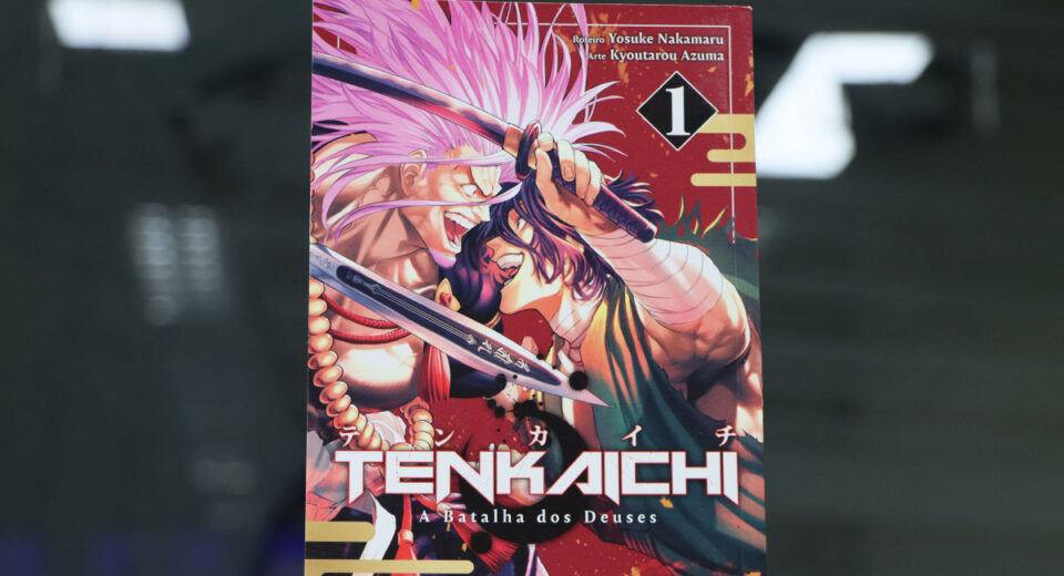 Arte do mangá Tenkaichi - A Batalha dos Deuses mostrando personagens históricos em combate.