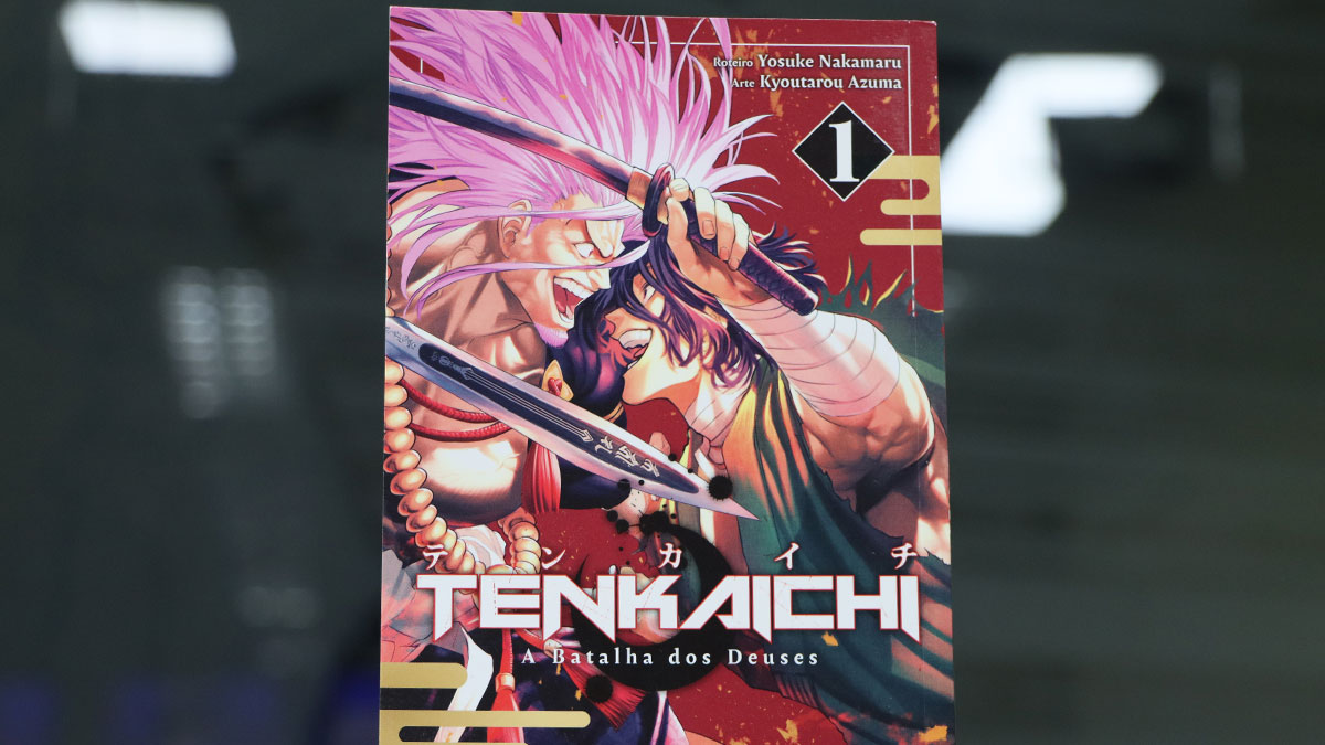 Arte do mangá Tenkaichi - A Batalha dos Deuses mostrando personagens históricos em combate.