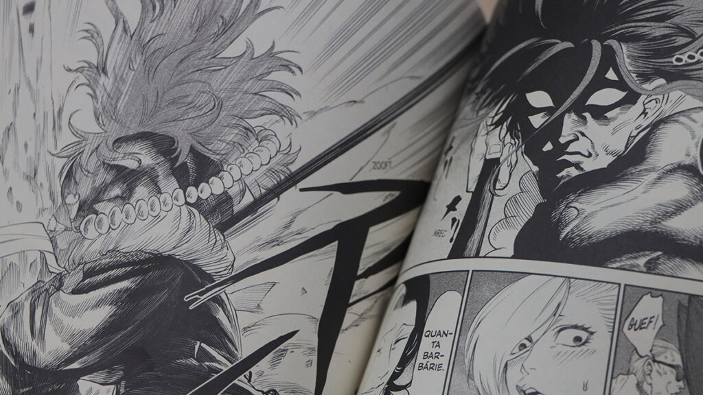 Arte do mangá Tenkaichi - A Batalha dos Deuses mostrando personagens históricos em combate.