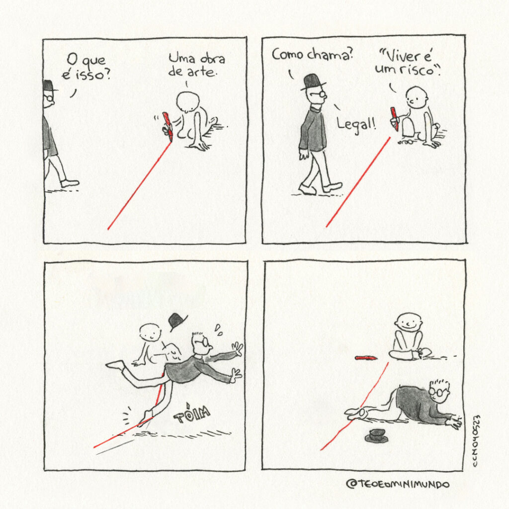 Capa do quadrinho 'Viver é um risco', quarto volume de Téo & O Mini Mundo, com ilustrações em aquarela.