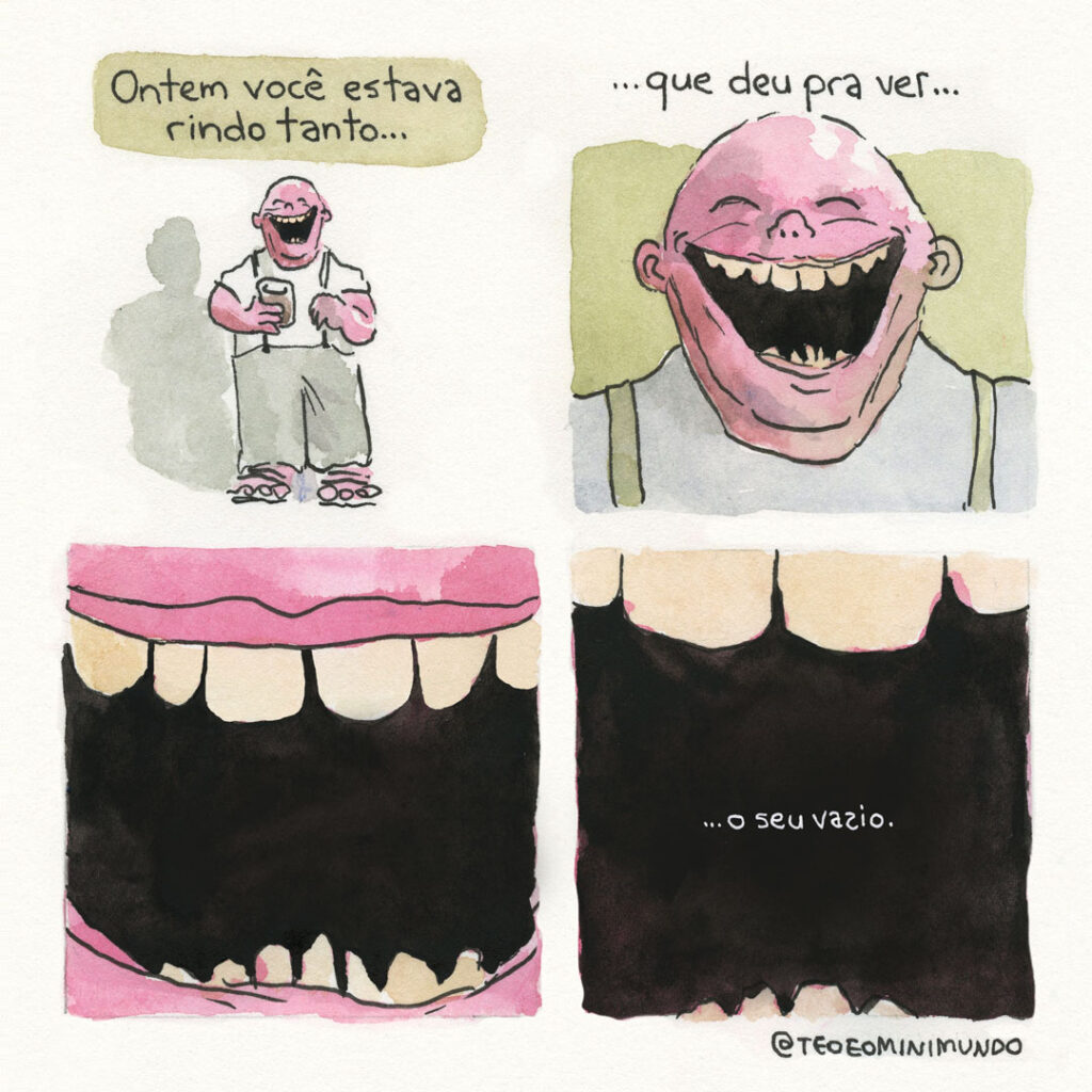 Capa do quadrinho 'Viver é um risco', quarto volume de Téo & O Mini Mundo, com ilustrações em aquarela.