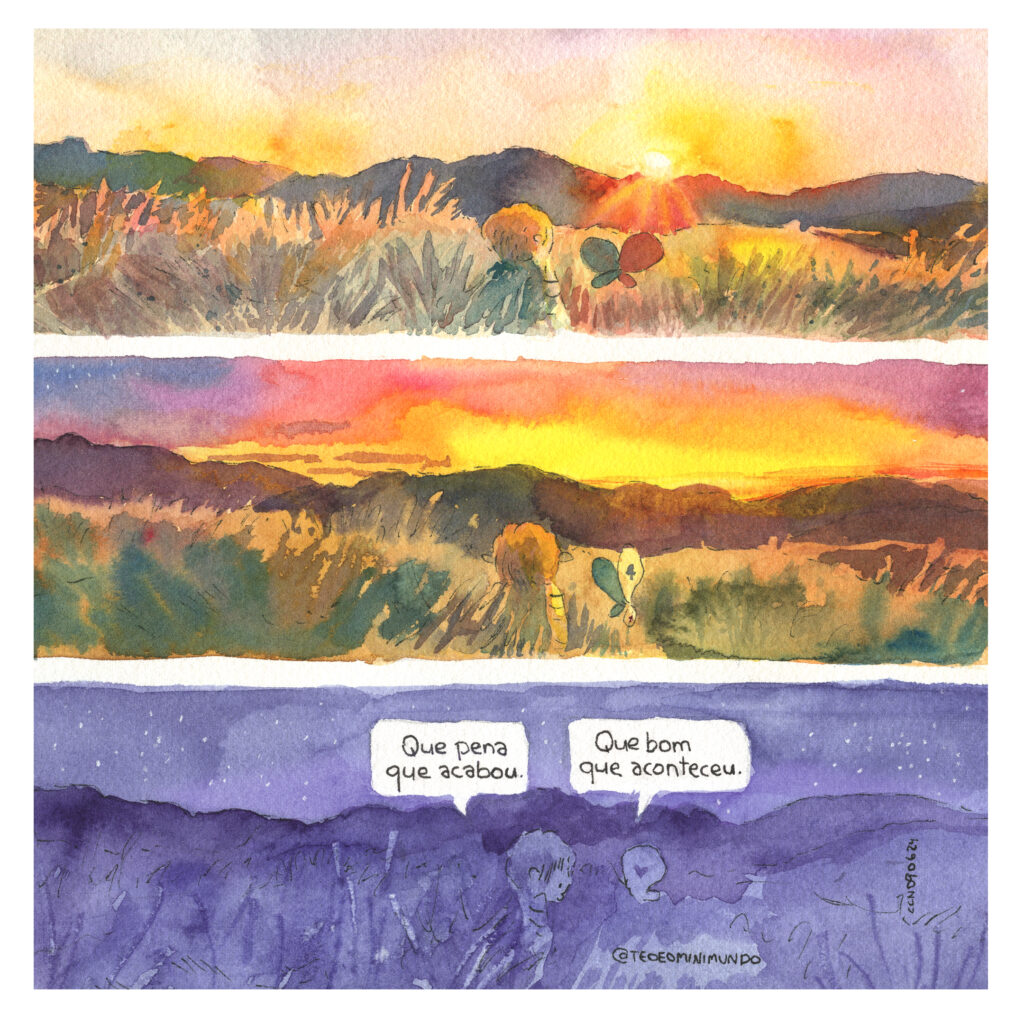 Capa do quadrinho 'Viver é um risco', quarto volume de Téo & O Mini Mundo, com ilustrações em aquarela.