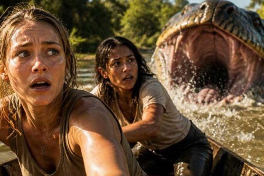 Beware Boiúna, destacando a cobra-grande e os protagonistas na Amazônia.