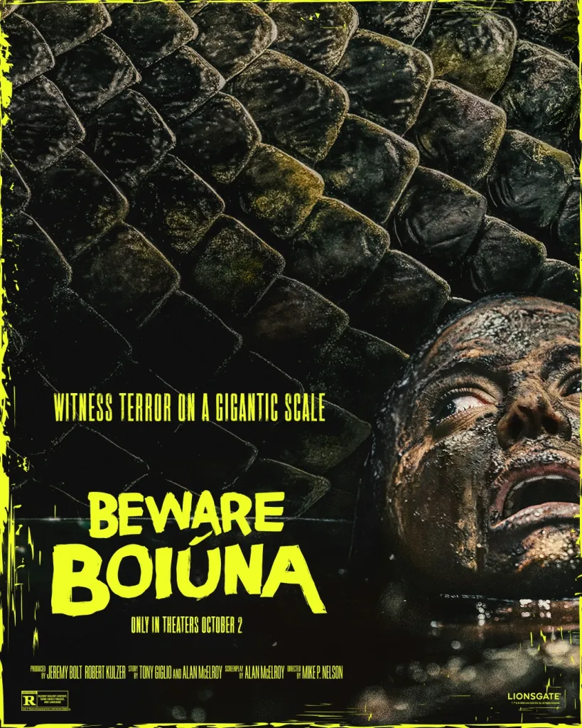 Capa do filme Beware Boiúna, destacando a cobra-grande e os protagonistas na Amazônia.