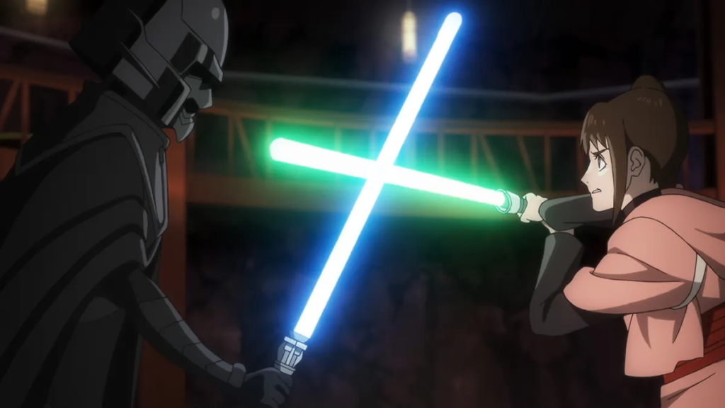 Capa da série Star Wars: A Nona Jedi com Lah Kara e sabres de luz.