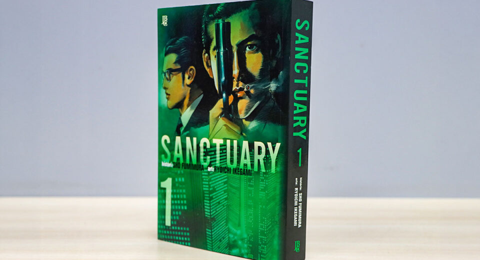Capa do mangá Sanctuary, edição pela Editora JBC, com arte realista e impactante.