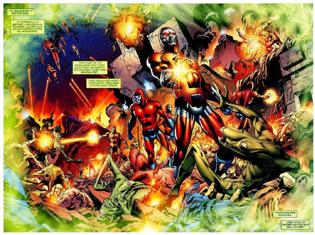 Cena impactante do Massacre do Setor 666, mostrando a destruição causada pelos Caçadores Cósmicos.
