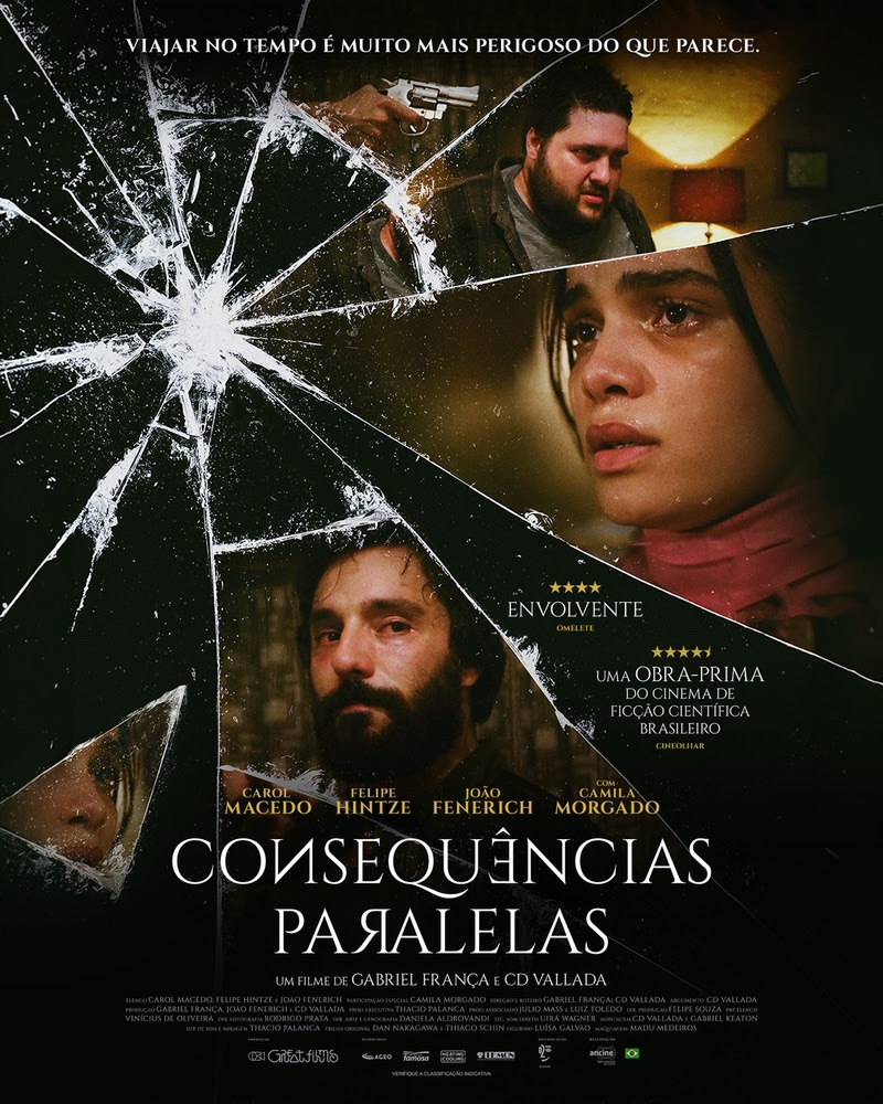 Pôster do filme brasileiro Consequências Paralelas, destacando seus protagonistas e a temática de viagem no tempo.
