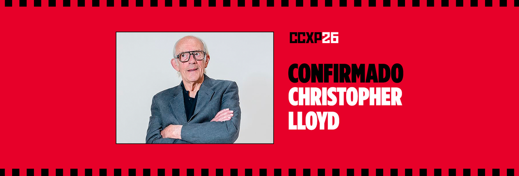 Christopher Lloyd em evento de cultura pop no Brasil, celebração de sua chegada.
