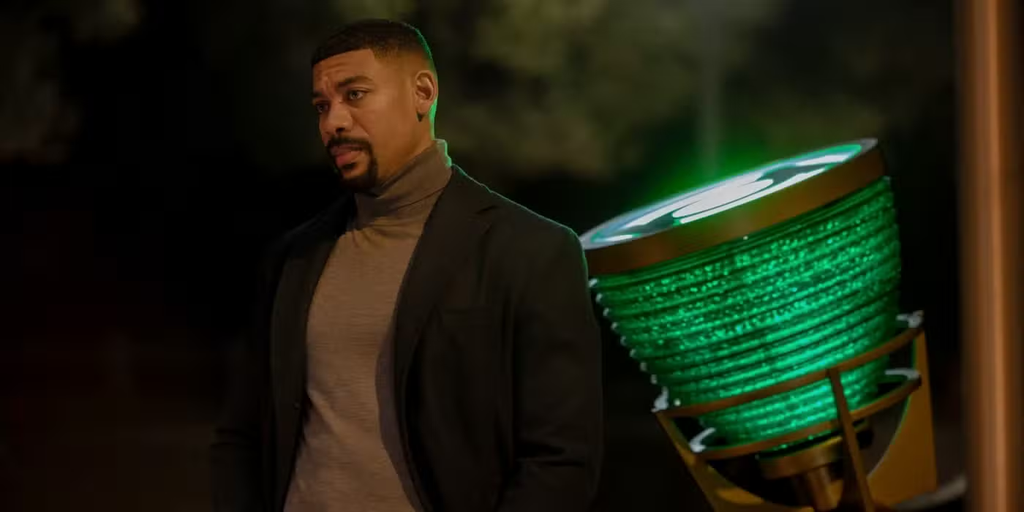 Cena da série Lanternas, do DCU, com Hal Jordan e John Stewart.
